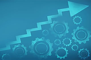 Stair arrow increasing to the right with gears below on a blue background.