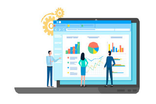 Clipart of three business professionals giving presentation on continuous improvement process.
