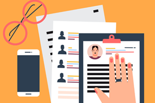 Clipart of female human resources employee hand reading resumes with phone and glasses on orange background.
