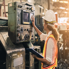Female engineer wearing uniform and safety equipment doing reliability analysis on system machine in factory. 