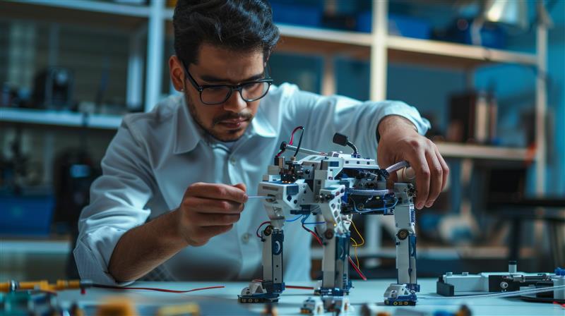 A mechanical engineer carefully assembles a quadruped robot prototype on a workbench, adjusting wiring and components in a lab setting filled with tools and equipment.