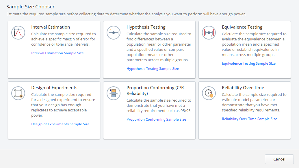 Tableau de bord de sélection de l'effectif de l'échantillon de Minitab comprenant divers tests pour estimer l'effectif d'échantillon requis avant la collecte des données.